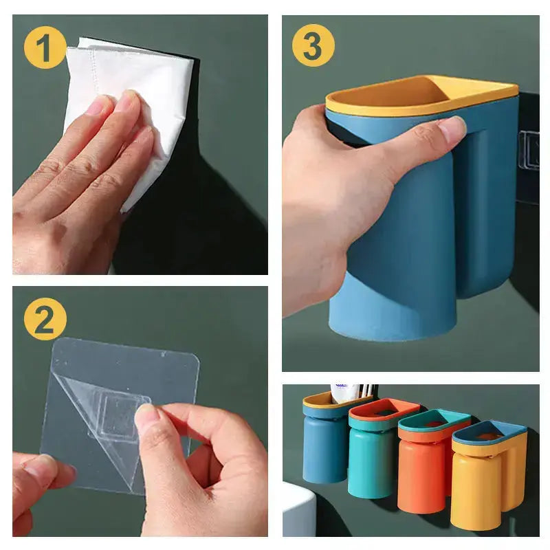 Stick-On Bathroom Caddy ABS Plastic 5 in Tall Cup & Paste Organizer Drip-Dry System 2-Pack for Vanity Countertop Clutter-Free Family Bath