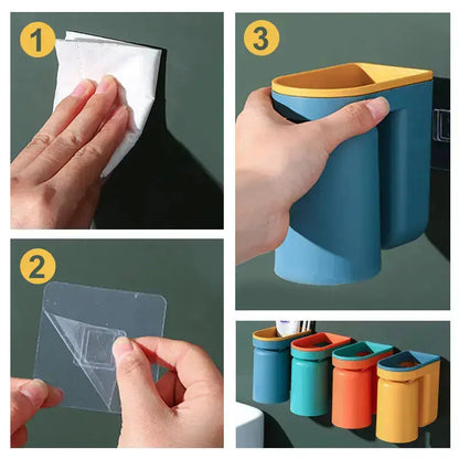 Stick-On Bathroom Caddy ABS Plastic 5 in Tall Cup & Paste Organizer Drip-Dry System 2-Pack for Vanity Countertop Clutter-Free Family Bath
