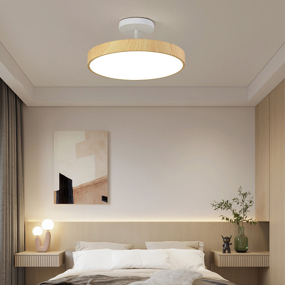 Flush Mount Ceiling Light with Wood Grain Finish & Gold Frame – Modern Scandinavian Design for Living Room, Bedroom & Dining Room