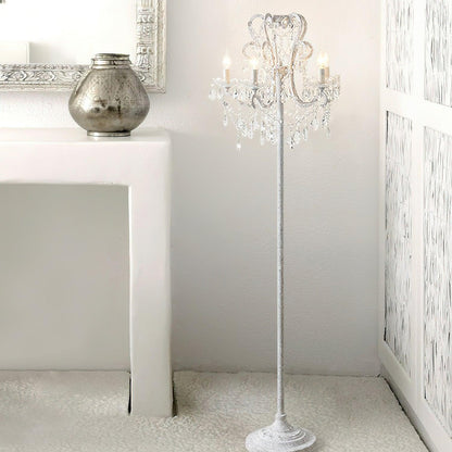 Crystal Accent Floor Lamp with Iron Frame | Vintage White & Gold Standing Light for Bedroom Living Room | Dimmable E14 Compact 21-Inch Heigh