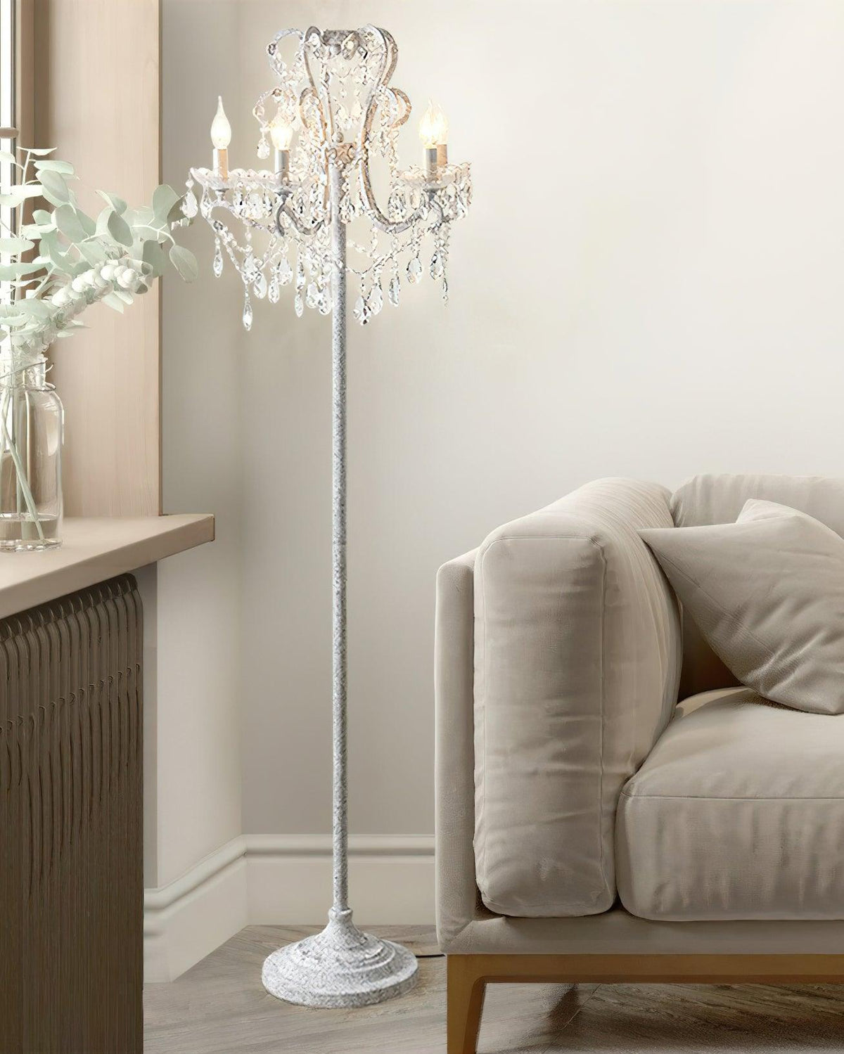 Crystal Accent Floor Lamp with Iron Frame | Vintage White & Gold Standing Light for Bedroom Living Room | Dimmable E14 Compact 21-Inch Heigh