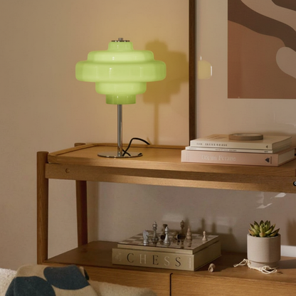 Compact Accent Lamp with Layered Glass Shade 8 in Sculptural Nightstand Light for Bedroom Office Desk Modern Decorative Glow Small Space