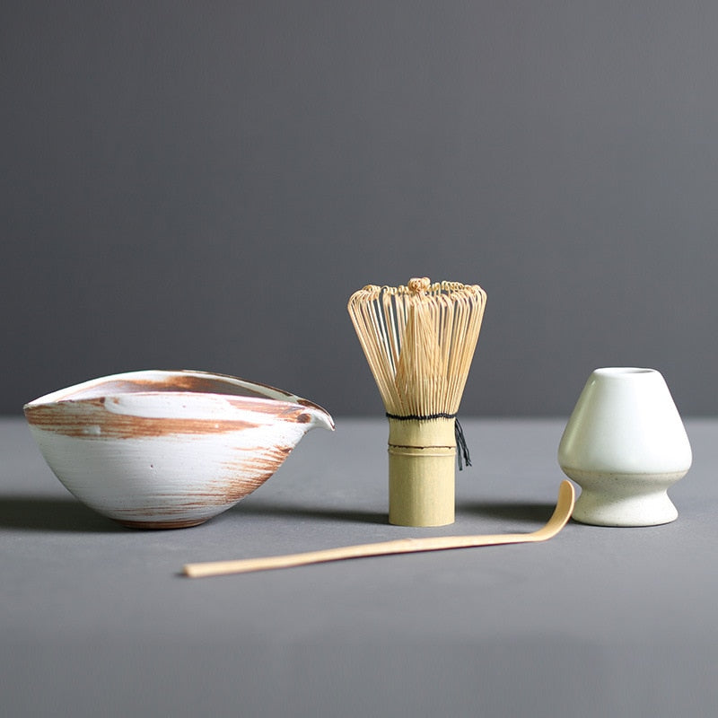 Ceremonial Matcha Tea Preparation Kit — Bamboo Whisk, Ceramic Bowl, Scoop & Holder — 4-Piece Japanese Tea Set for Home Brewing
