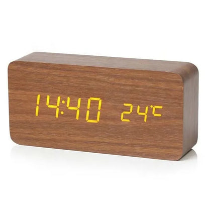 Digital LED Desk Clock with Triple Alarms Temperature Display Brightness Control Wood Grain Finish USB Powered for Bedroom Office Nightstand