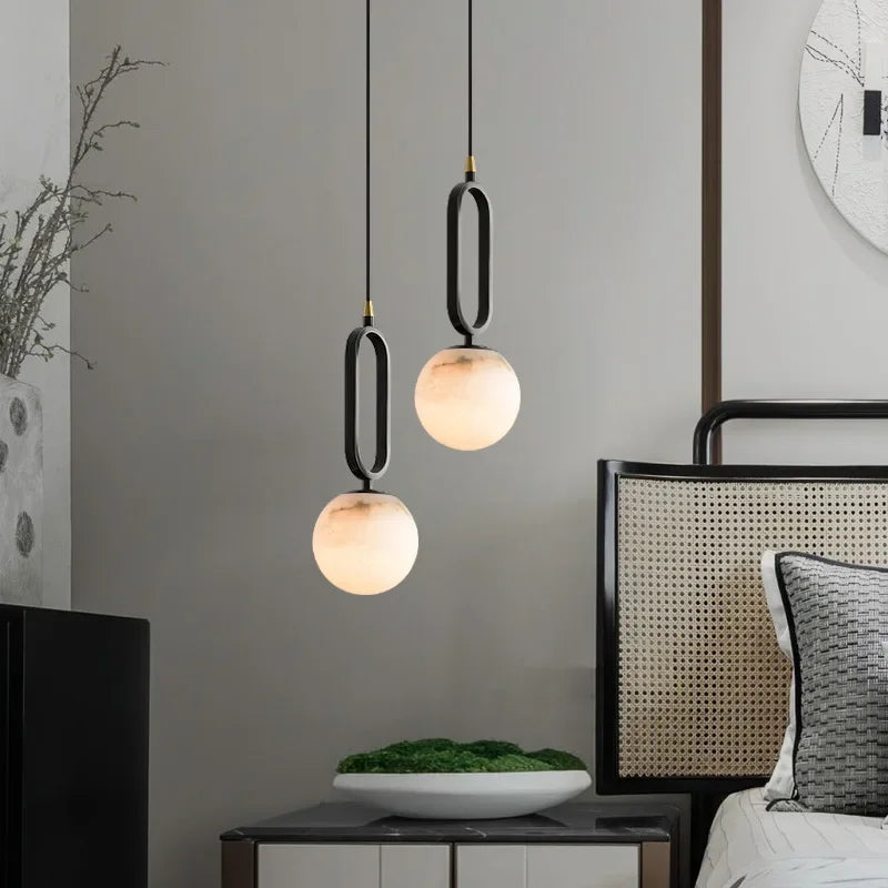 Stone Hanging Light Fixture Natural Marble Pendant with Copper Detail Black Gold for Kitchen Island Dining Room Bedroom Hotel Lobby Modern M