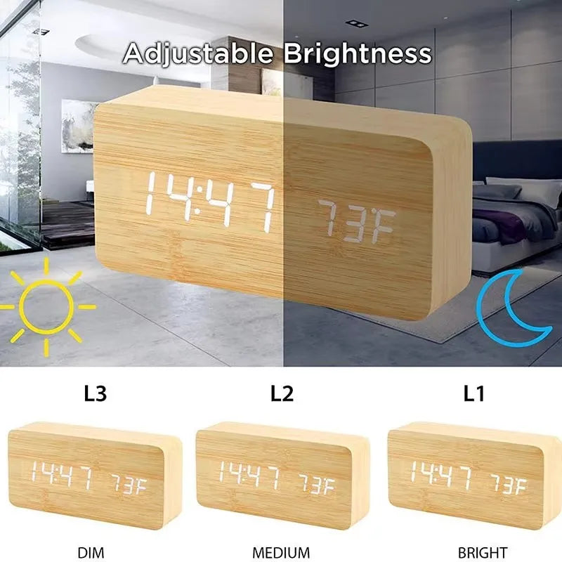 Digital LED Desk Clock with Triple Alarms Temperature Display Brightness Control Wood Grain Finish USB Powered for Bedroom Office Nightstand