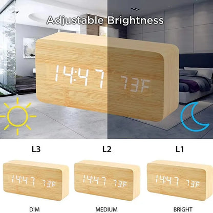 Digital LED Desk Clock with Triple Alarms Temperature Display Brightness Control Wood Grain Finish USB Powered for Bedroom Office Nightstand