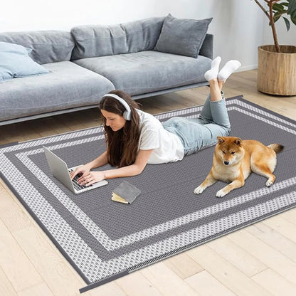 Weather-Resistant Floor Mat for Decks Porches Gardens 59×94 Inch Gray Reversible Woven Patio Covering for Camping RV Balcony