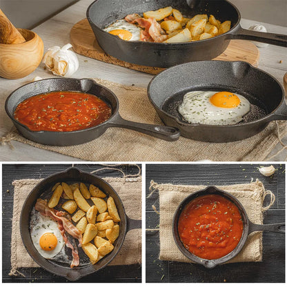 Skillet Trio Cast-Iron Cookware 6.3-Inch 7.9-Inch 10.2-Inch Uncoated Multi-Burner Stovetop Campfire Searing Frying Skillets for Induction Ga