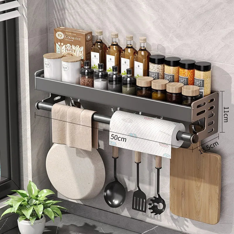 Aluminum Shelf Organizer Gunmetal Gray 20-Inch Wall Mount Spice Rack with Towel Bar Adhesive or Screw Install for Small Kitchen Rental Apart