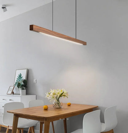 LED Wood Dining Room Fixture 47-Inch Linear Hanging Light Adjustable Height Island Chandelier Natural Pine Kitchen Suspended Lighting Modern