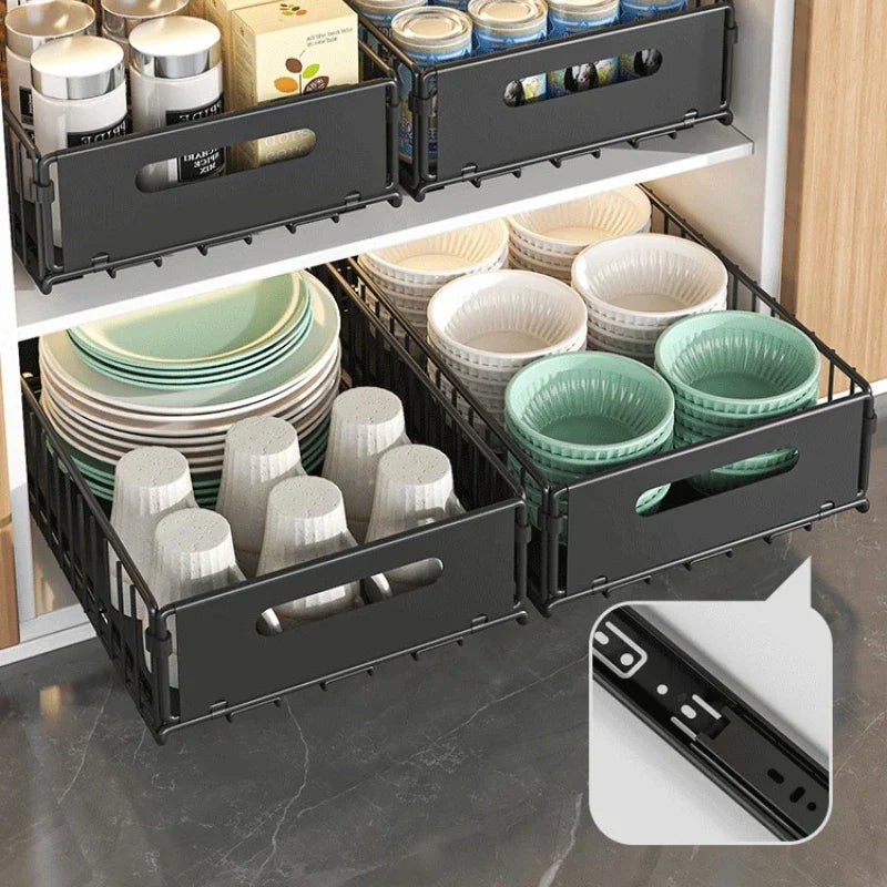 Pull-Out Cabinet Organizer Steel Glide Rack 15 in Deep Spice Jar Pantry Tray for Kitchen Storage Black