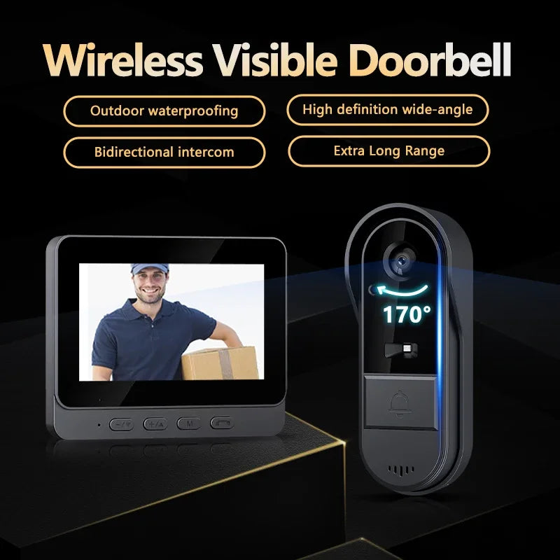 Smart Video Door Viewer with Two-Way Audio & Night Vision – 4.3" Screen, Rechargeable Battery, Weatherproof Design for Front Door Security