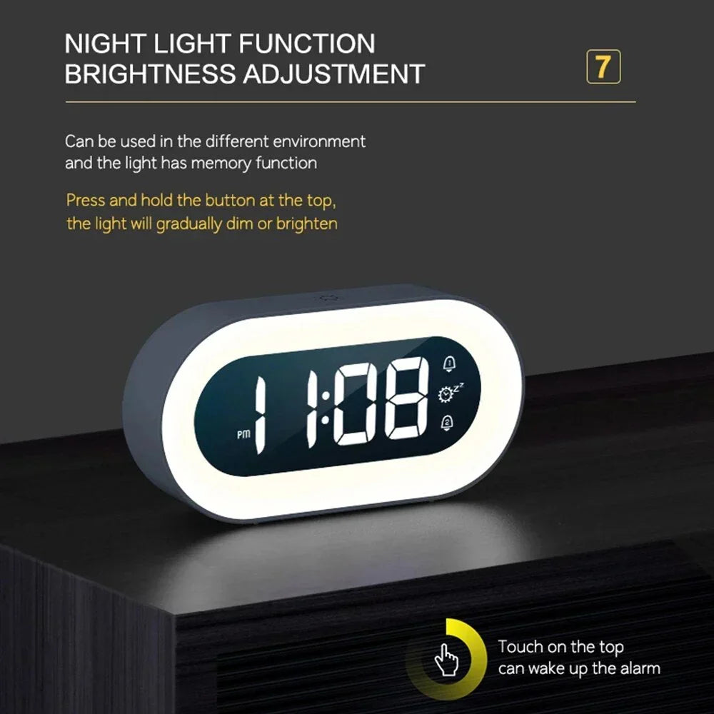 Digital LED Clock Rechargeable USB Bedside Wake-Up Timer with Calming Sounds & Adjustable Nightlight for Bedroom Travel Home Office