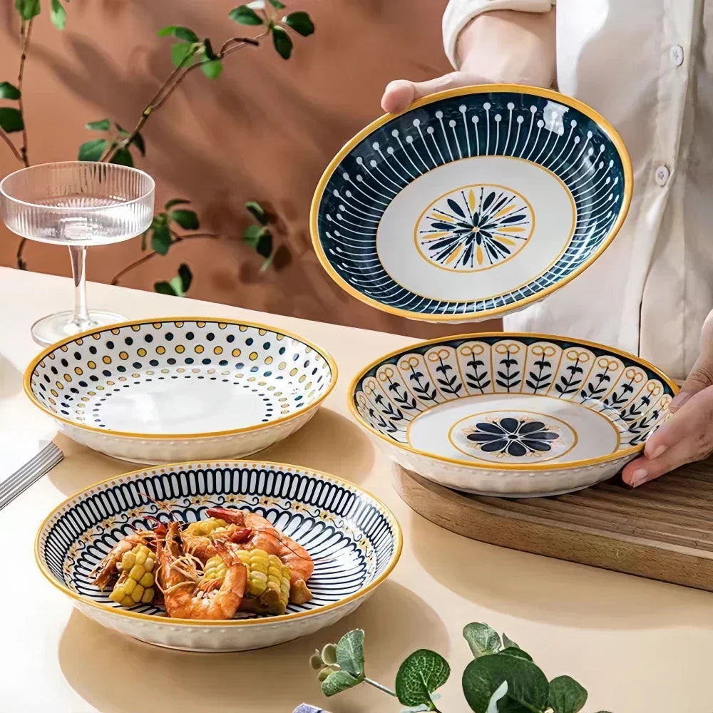 Hand-Painted Floral Porcelain Plates Set of 4 Navy Blue Gold 7.9 Inch Salad Dessert Breakfast Dishes Ceramic Tableware for Kitchen Dining Ro
