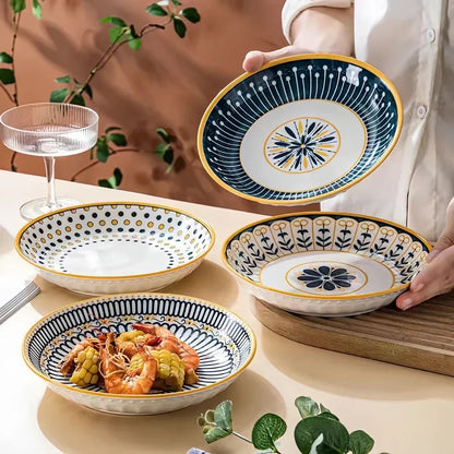 Hand-Painted Floral Porcelain Plates Set of 4 Navy Blue Gold 7.9 Inch Salad Dessert Breakfast Dishes Ceramic Tableware for Kitchen Dining Ro