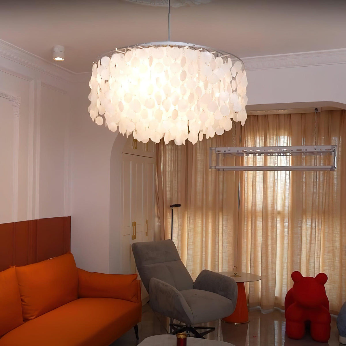 Cascading Shell Pendant Light Fixture Chrome Finish 28 Inches Adjustable Hanging Ceiling Lamp for Dining Room Kitchen Island Open Living Spa