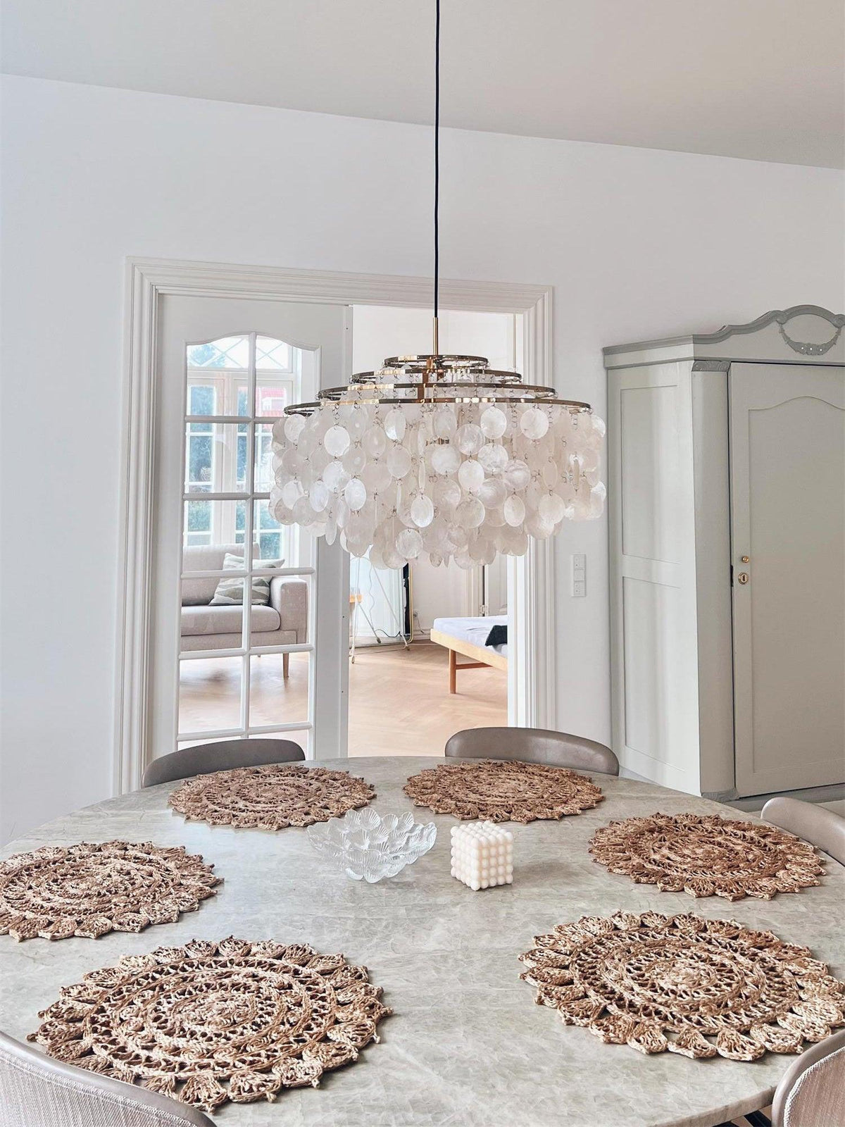 Cascading Shell Pendant Light Fixture Chrome Finish 28 Inches Adjustable Hanging Ceiling Lamp for Dining Room Kitchen Island Open Living Spa