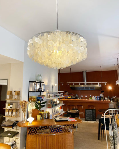 Cascading Shell Pendant Light Fixture Chrome Finish 28 Inches Adjustable Hanging Ceiling Lamp for Dining Room Kitchen Island Open Living Spa