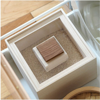 Wooden Grain Storage Canister with Clear Lid 11 lb Capacity Pantry Organizer Measuring Scoop Airtight Magnetic Seal for Countertop Cabinet A