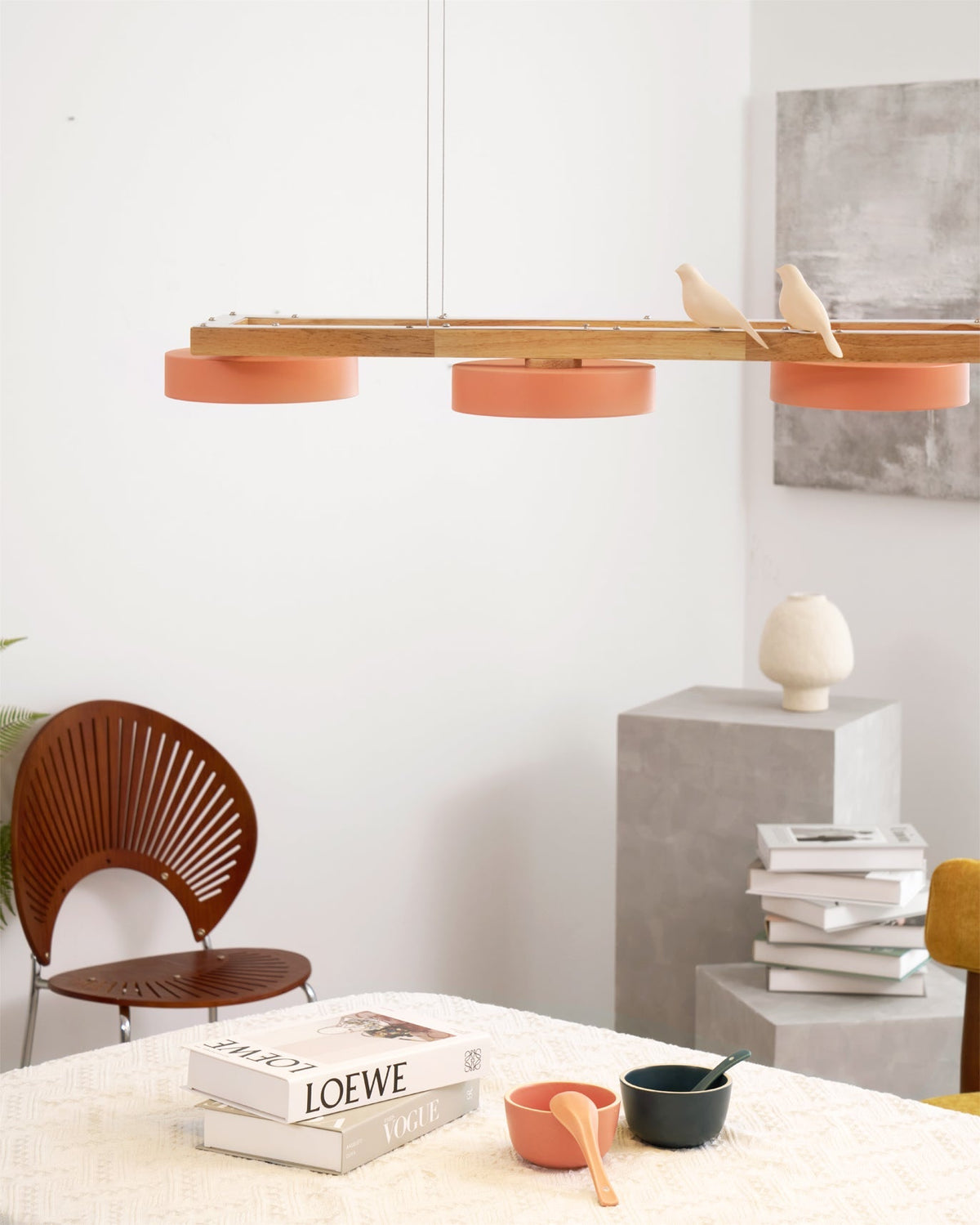 Linear LED Fixture with Bird Accents for Kitchen Island Dining Room 40 in Wooden Hanging Light 1400 Lumens Adjustable Modern Farmhouse Overh