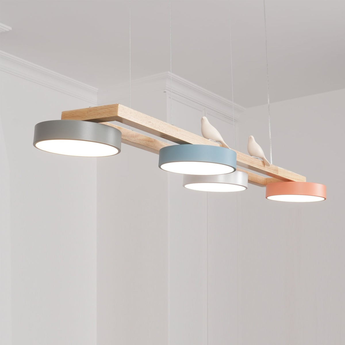 Linear LED Fixture with Bird Accents for Kitchen Island Dining Room 40 in Wooden Hanging Light 1400 Lumens Adjustable Modern Farmhouse Overh