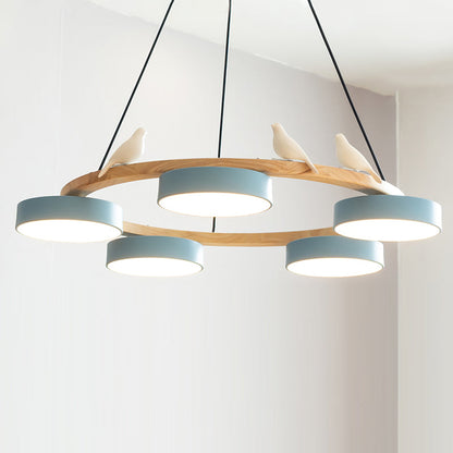Round Wooden Ceiling Light with Bird Accents 26 Inch 4-Bulb LED Fixture Adjustable Height for Dining Room Kitchen Living Room Hallway Entryw
