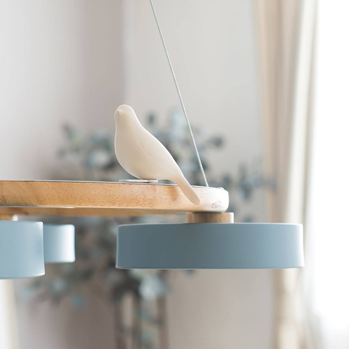 Round Wooden Ceiling Light with Bird Accents 26 Inch 4-Bulb LED Fixture Adjustable Height for Dining Room Kitchen Living Room Hallway Entryw