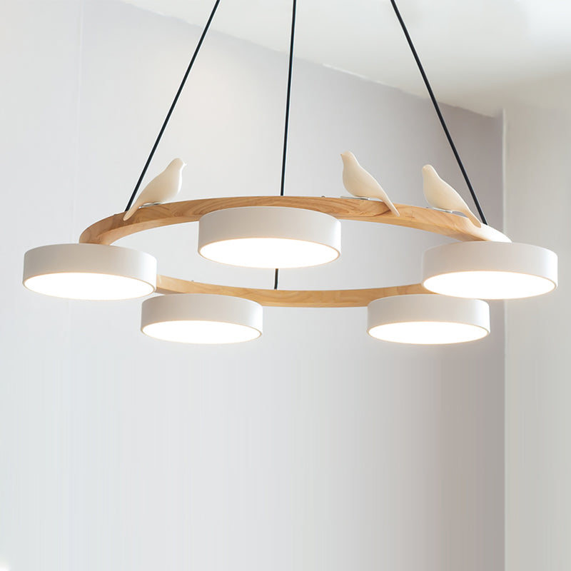 Round Wooden Ceiling Light with Bird Accents 26 Inch 4-Bulb LED Fixture Adjustable Height for Dining Room Kitchen Living Room Hallway Entryw