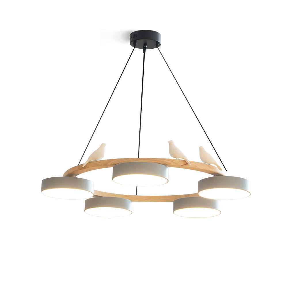 Round Wooden Ceiling Light with Bird Accents 26 Inch 4-Bulb LED Fixture Adjustable Height for Dining Room Kitchen Living Room Hallway Entryw