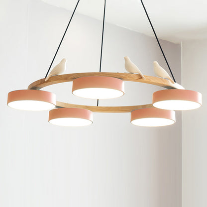 Round Wooden Ceiling Light with Bird Accents 26 Inch 4-Bulb LED Fixture Adjustable Height for Dining Room Kitchen Living Room Hallway Entryw