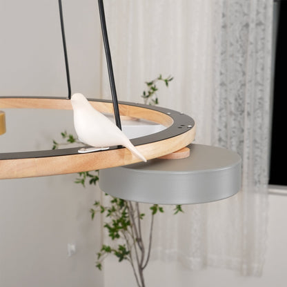 Round Wooden Ceiling Light with Bird Accents 26 Inch 4-Bulb LED Fixture Adjustable Height for Dining Room Kitchen Living Room Hallway Entryw