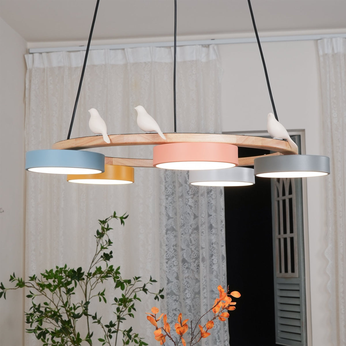 Round Wooden Ceiling Light with Bird Accents 26 Inch 4-Bulb LED Fixture Adjustable Height for Dining Room Kitchen Living Room Hallway Entryw