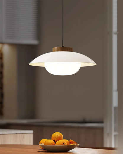 Saucer Shade Ceiling Pendant with Wood Rim for Kitchens & Dining Areas | Modern 11-Inch Hanging Fixture with Built-In LED, Warm 3000K Glow