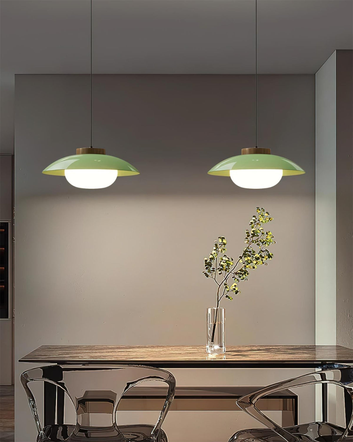 Saucer Shade Ceiling Pendant with Wood Rim for Kitchens & Dining Areas | Modern 11-Inch Hanging Fixture with Built-In LED, Warm 3000K Glow