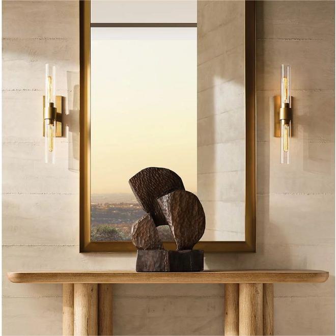 Industrial Glass Cylinder Wall Sconce with Metal Band, Dimmable LED Candle-Style Bulb, Brass & Glass 12-23 in Heights