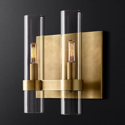 Industrial Glass Cylinder Wall Sconce with Metal Band, Dimmable LED Candle-Style Bulb, Brass & Glass 12-23 in Heights