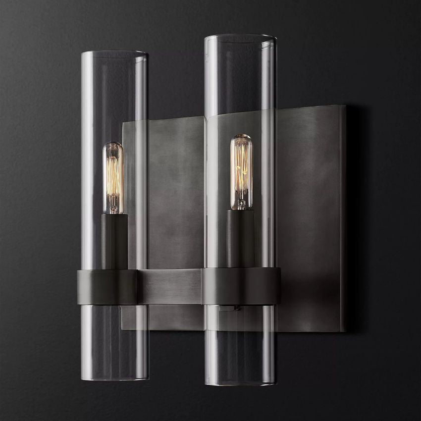 Industrial Glass Cylinder Wall Sconce with Metal Band, Dimmable LED Candle-Style Bulb, Brass & Glass 12-23 in Heights
