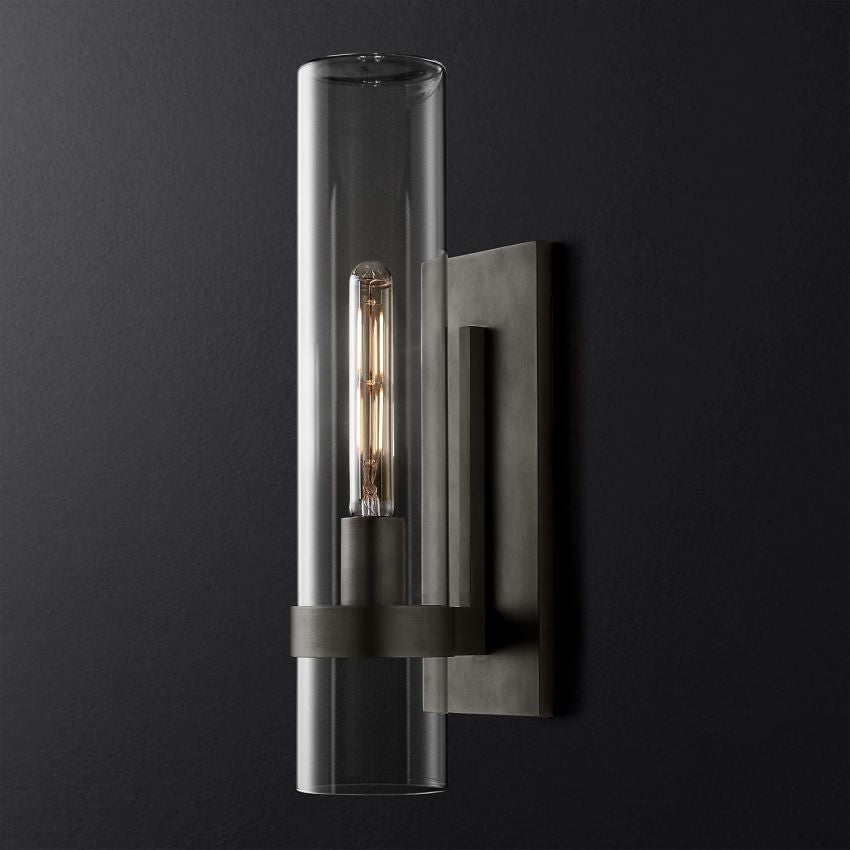 Industrial Glass Cylinder Wall Sconce with Metal Band, Dimmable LED Candle-Style Bulb, Brass & Glass 12-23 in Heights