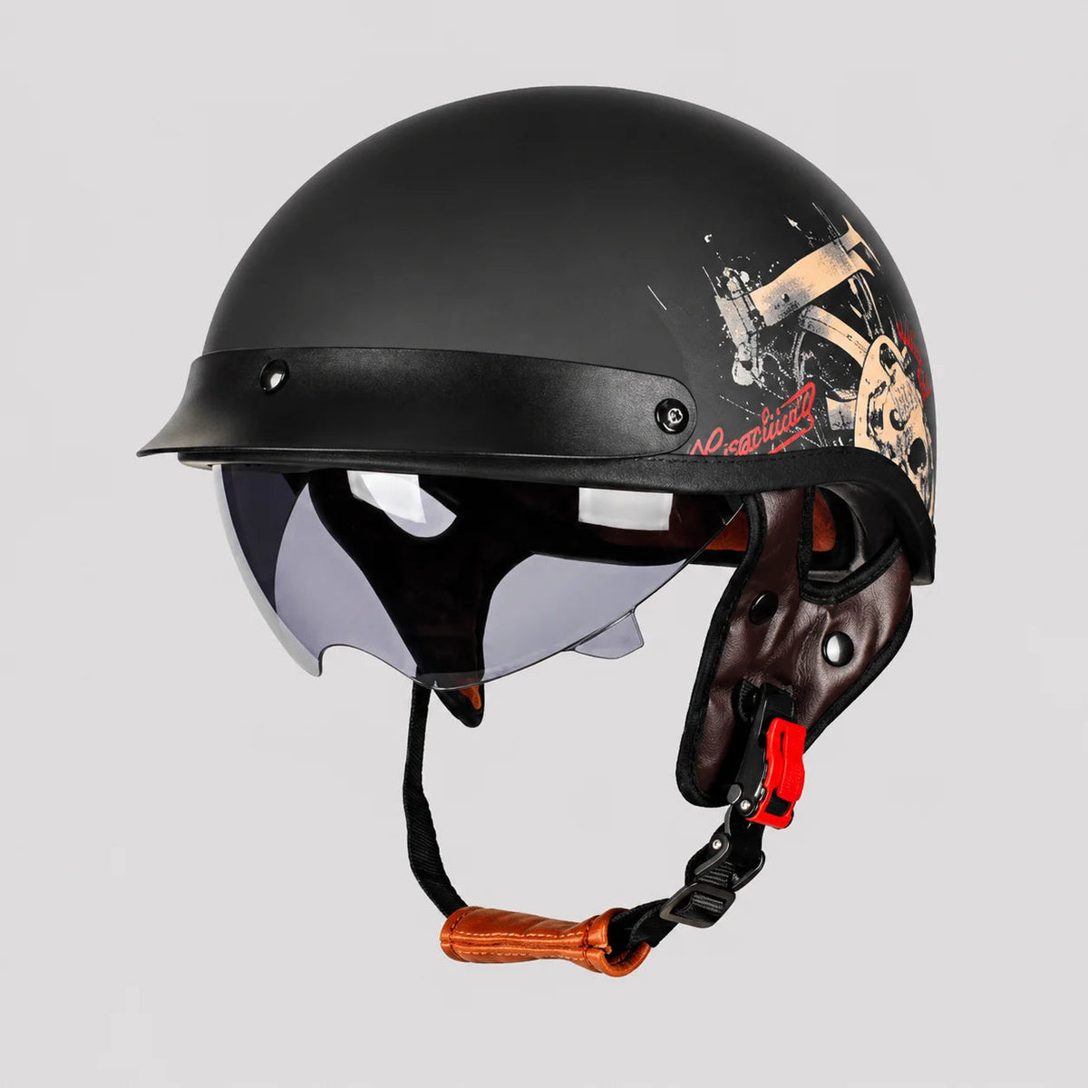 Skull-Graphic | Motorcycle Half Helmet with Retractable Visor | Lightweight Design for Bold Style