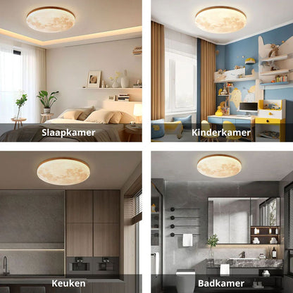 Round Flush Mount LED Fixture Moon Surface Wood & Acrylic 19 in Diameter Low Profile for Bedroom Living Room Hallway Ambient Lighting Japand