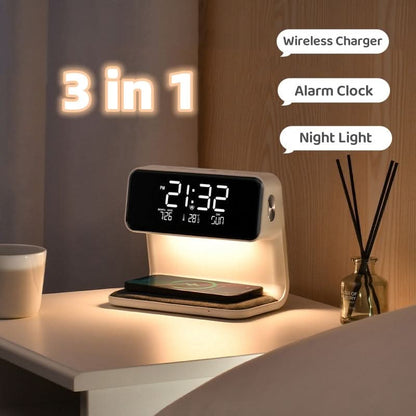 Touch Control Nightstand Lamp with Wireless Charging Station and Digital Alarm Clock for Bedroom | Dimmable LED Light | White ABS Desktop Or