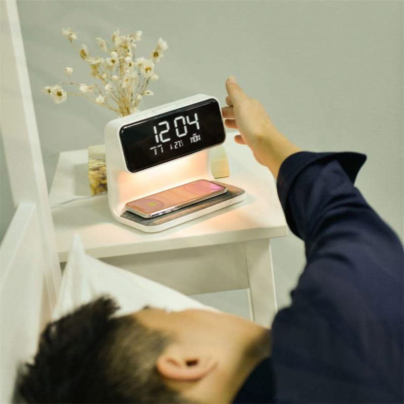 Touch Control Nightstand Lamp with Wireless Charging Station and Digital Alarm Clock for Bedroom | Dimmable LED Light | White ABS Desktop Or