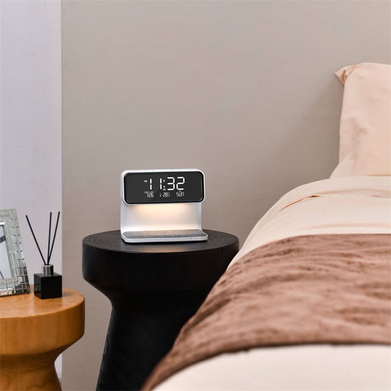 Touch Control Nightstand Lamp with Wireless Charging Station and Digital Alarm Clock for Bedroom | Dimmable LED Light | White ABS Desktop Or