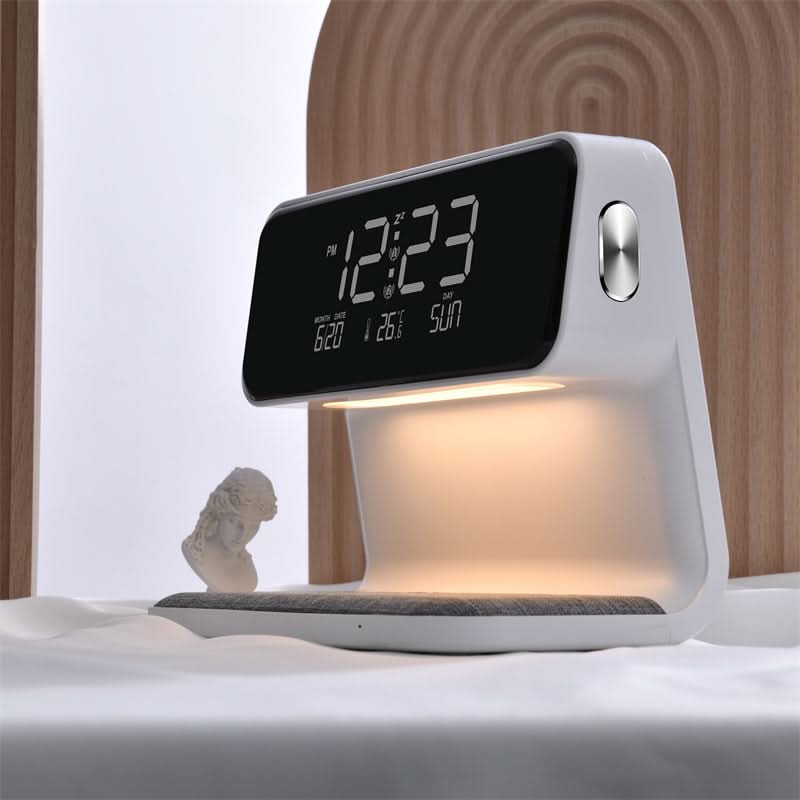 Touch Control Nightstand Lamp with Wireless Charging Station and Digital Alarm Clock for Bedroom | Dimmable LED Light | White ABS Desktop Or