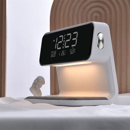 Touch Control Nightstand Lamp with Wireless Charging Station and Digital Alarm Clock for Bedroom | Dimmable LED Light | White ABS Desktop Or