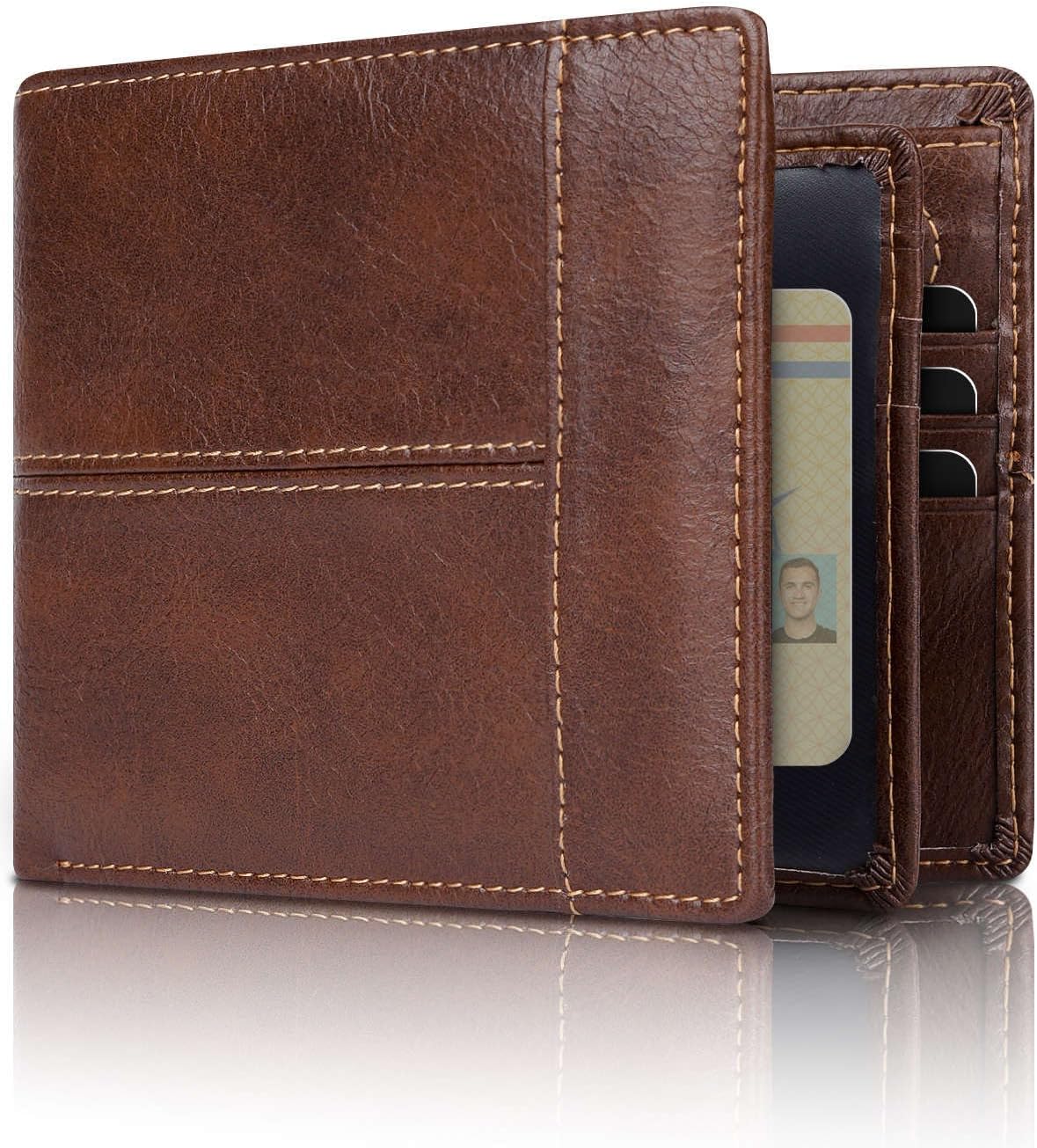 Mens Wallets, RFID Blocking Bifold Wallet for Men with 16 Card Slots and ID Compartment, Slim Genuine Leather Wallet