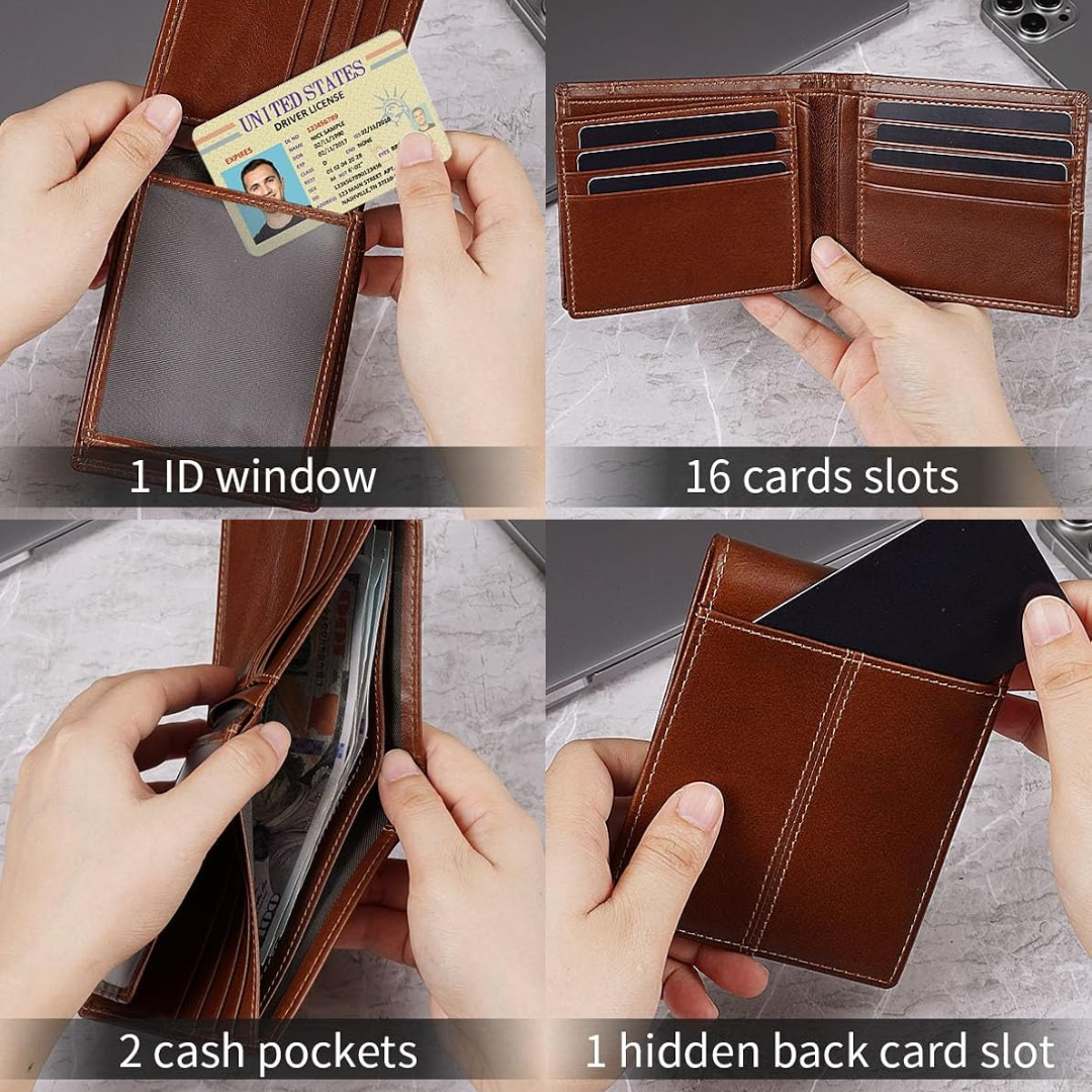 Mens Wallets, RFID Blocking Bifold Wallet for Men with 16 Card Slots and ID Compartment, Slim Genuine Leather Wallet