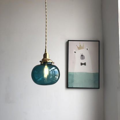 Glass Globe Hanging Lamp 5 in Diameter Vintage Brass Fixture Height Adjustable Wire Ceiling Suspension for Kitchen Dining Room Entryway Nook