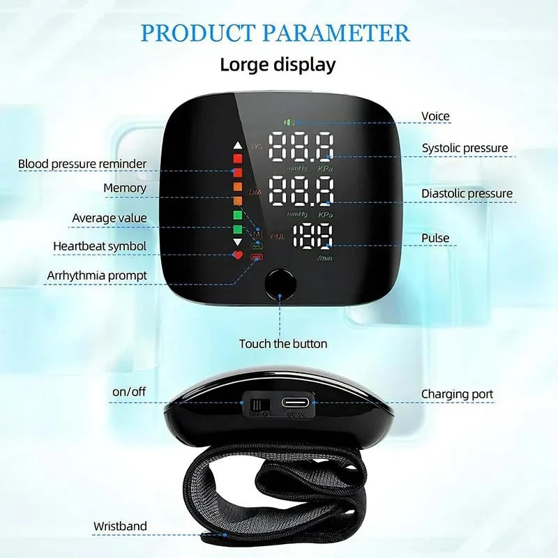 Wrist Blood Pressure Monitor Rechargeable with Voice Alerts LCD Display Portable Health Tracker Dual User Memory 99 Reading Storage